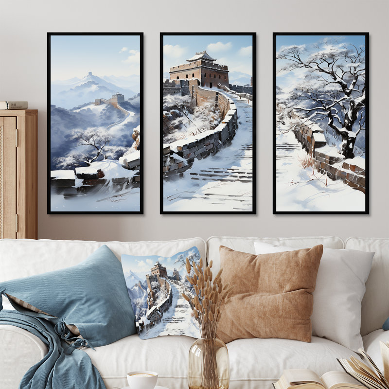 Grande muraille de Chine en hiver 2 - Art mural Chine, H 28 po x l 36 po x P 1 po, Cadre flottant noir