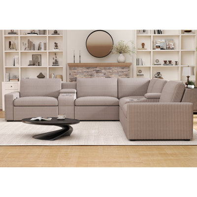 7 Piece Modern Corduroy L Shaped Power Reclining Sectional Couch With Storage & Wireless Charging