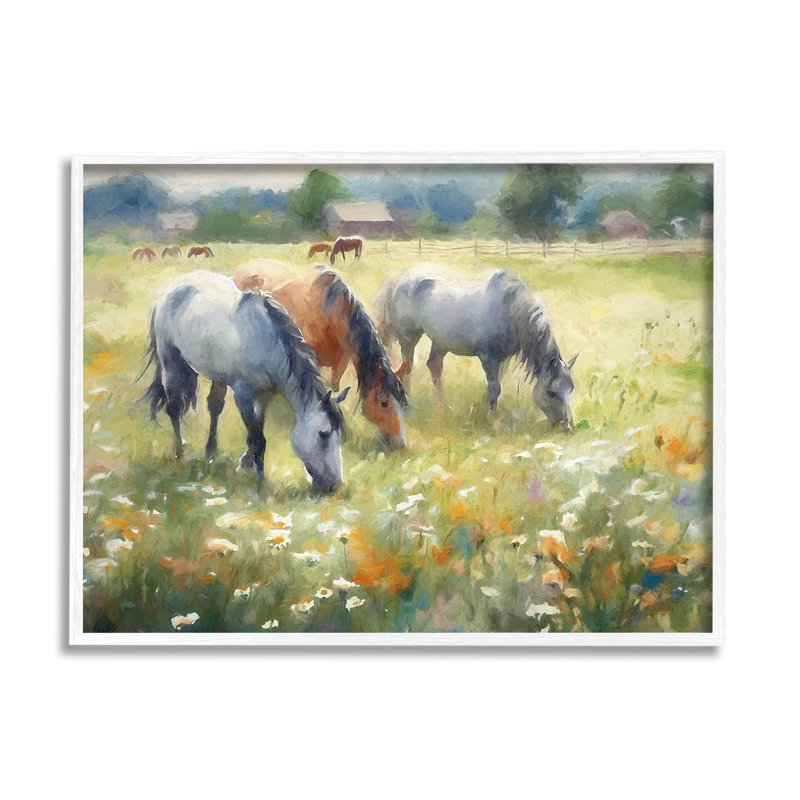 «Grazing Horses in Pasture» par Ramona Murdock, reproduction sur toile encadrée, Cadre flottant gris lustré