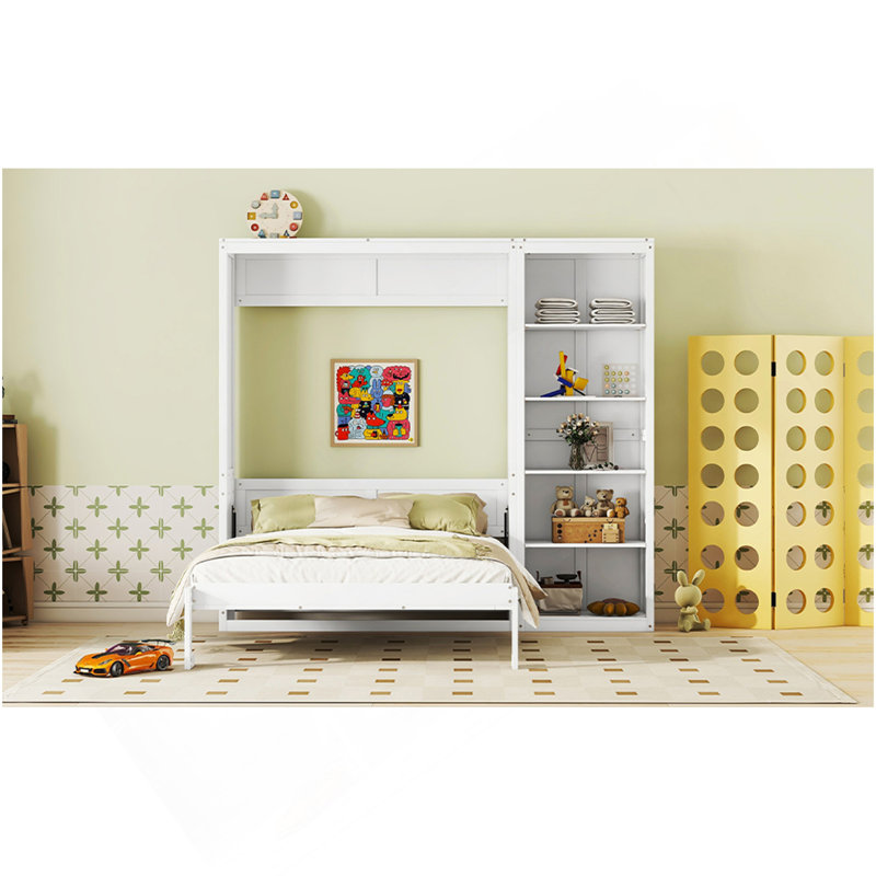 Grand lit escamotable mural avec tablettes, blanc, Blanc, Grand lit