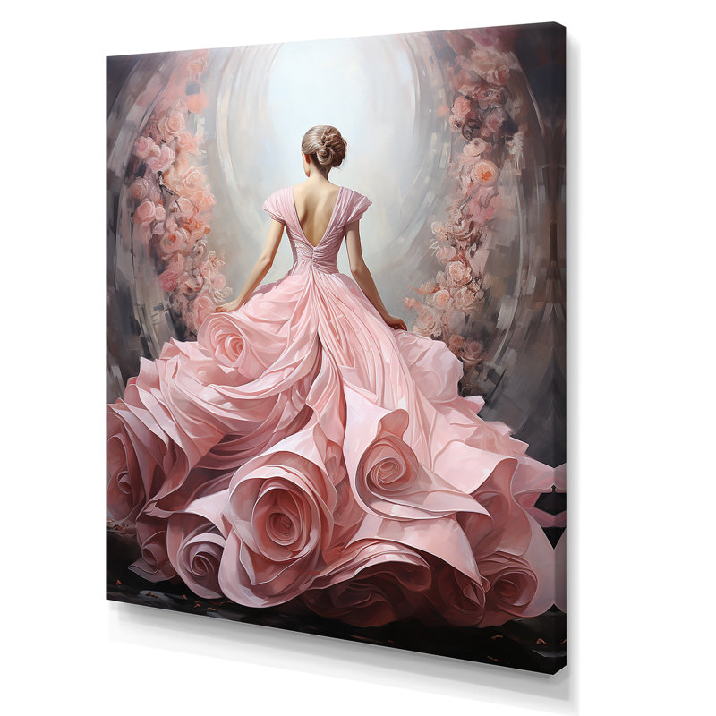 «Rose and White Woman Ballet Solitude II» - Décoration murale spirales abstraites, H 32 po x l 24 po x P 1 po, Toile tendue