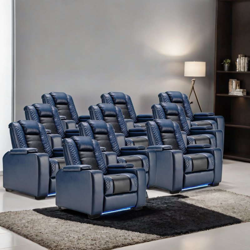39'' Adjustable Headrest Power Recliner Man Cave Home Theater Chair With Cup Holders USB LED (Set of 10), Blue