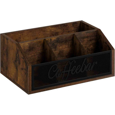 Coffee Station Organizer For Countertop, Wood Coffee Bar Organizer With Removable Dividers For Pods, Syrup, Cups, Stirrer, Tea - Office Coffee Bar Accessories, Iron Mesh-Vintage Brown