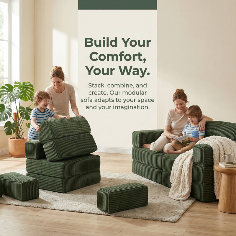 Sisler 8 Piece  141.6" Oversized  U Shape Upholstered  Corduroy Convertible Modular Compression Sofa with Storage Pockets, No Assembly Required