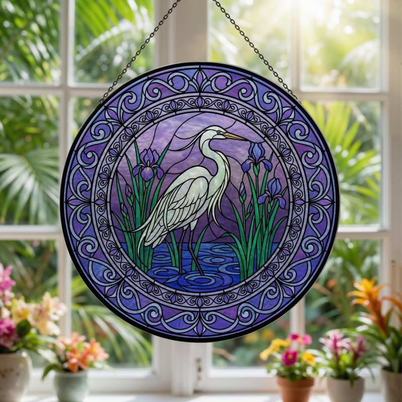 Panneau de vitrail Heron Iris ， 7,8H, H 7,8 po
