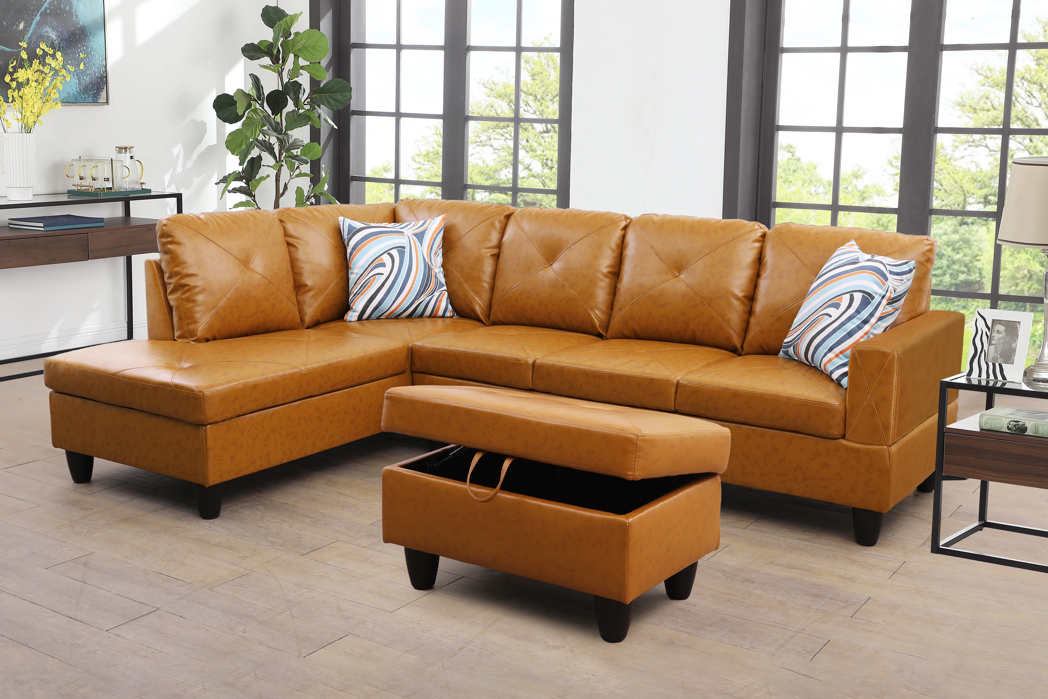 Ebern Designs Halid Wide Faux Leather Sofa & Chaise with Ottoman ...