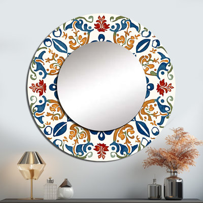 Mediterranean Tiles In Retro Blue VII - Tile Mirror, Modern Round Decorative Wall Mirror, Printed Metal Art