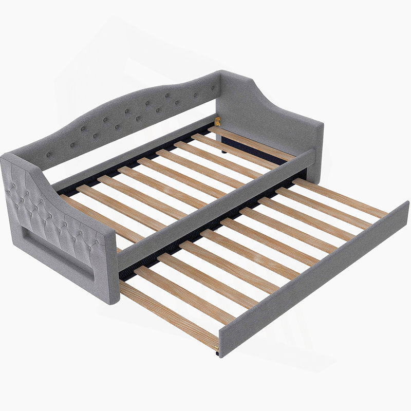 Upholstered Twin XL Size Daybed With LED Belt And Trundle, Gray