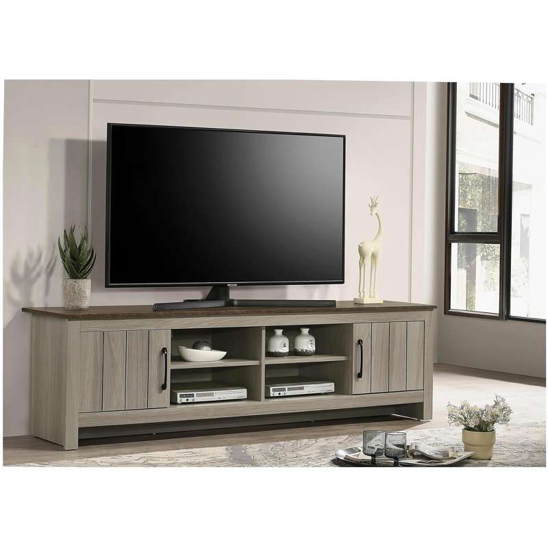 Meuble télé en chêne gris de 68,5 po de largeur avec tablettes et portes d'armoire Nyla