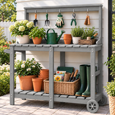 Outdoor Potting Bench with Wheels, HDPE Garden Work Table with 2-Tier Storage Shelves and Tool Hooks, All-Weather Potting Station for Patio, Garden, Backyard, Gray