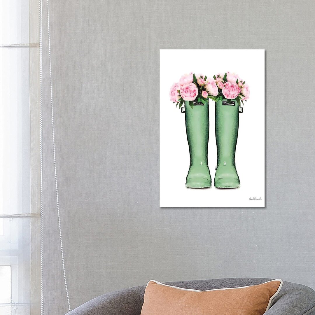 Leinwandbild Hunter Boots in Green & Pink Peonies von Amanda Greenwood