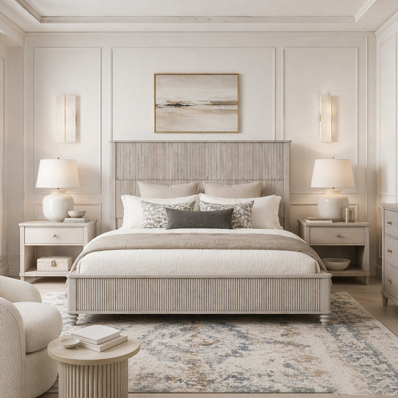 Base de lit en bois massif avec tête de lit haute, Très grand lit, Beige