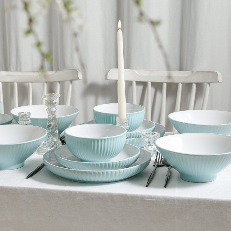 Teal Ribbed Ceramic 32-Piece Dinnerware Set for 8
