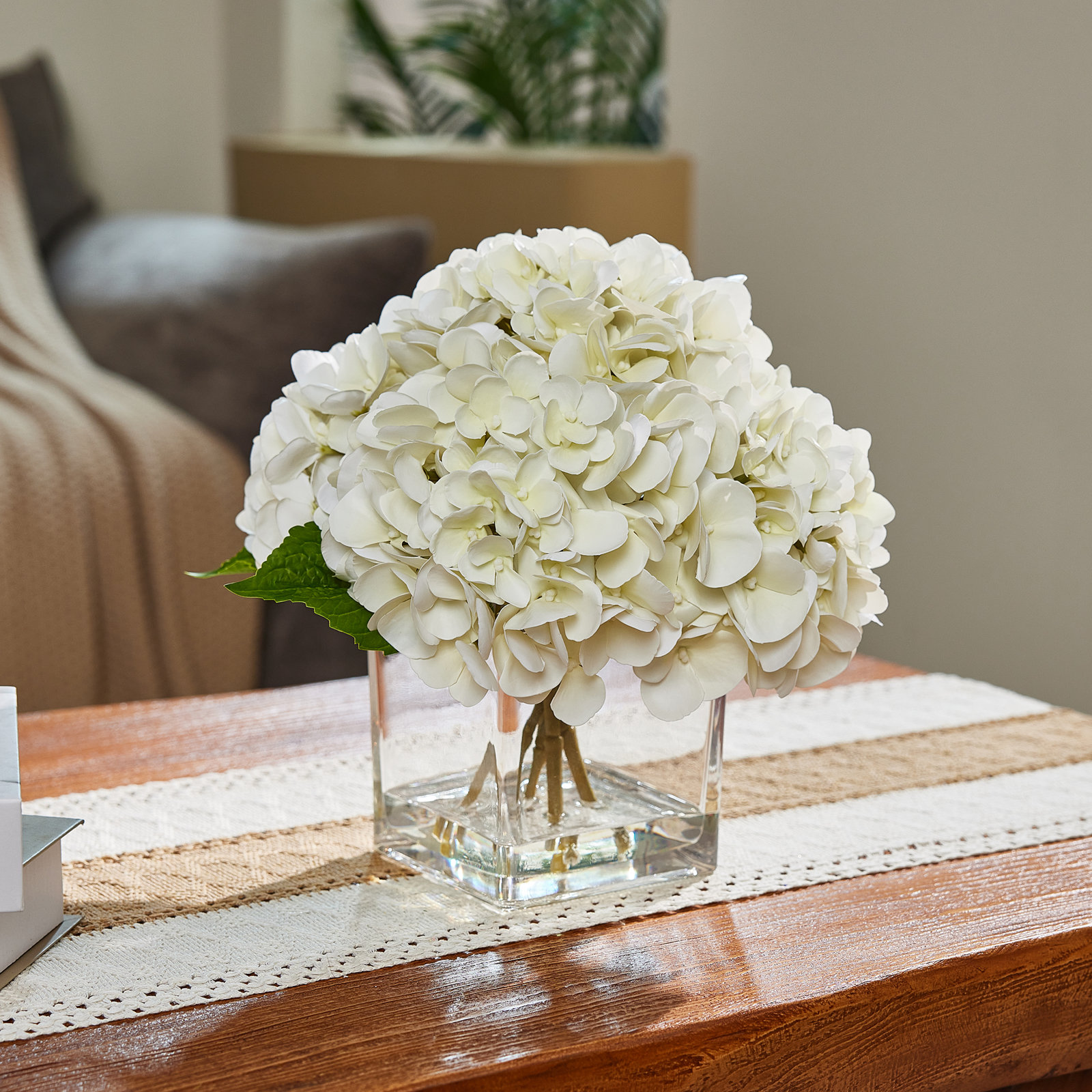 Artificial Hydrangea Flowers In Glass Vase 12In - White Faux Hydrangea Arrangement With 90 Blooms, Real Touch Hydrangea Centerpiece For Home Table Dining Room Wedding Decor Indoor