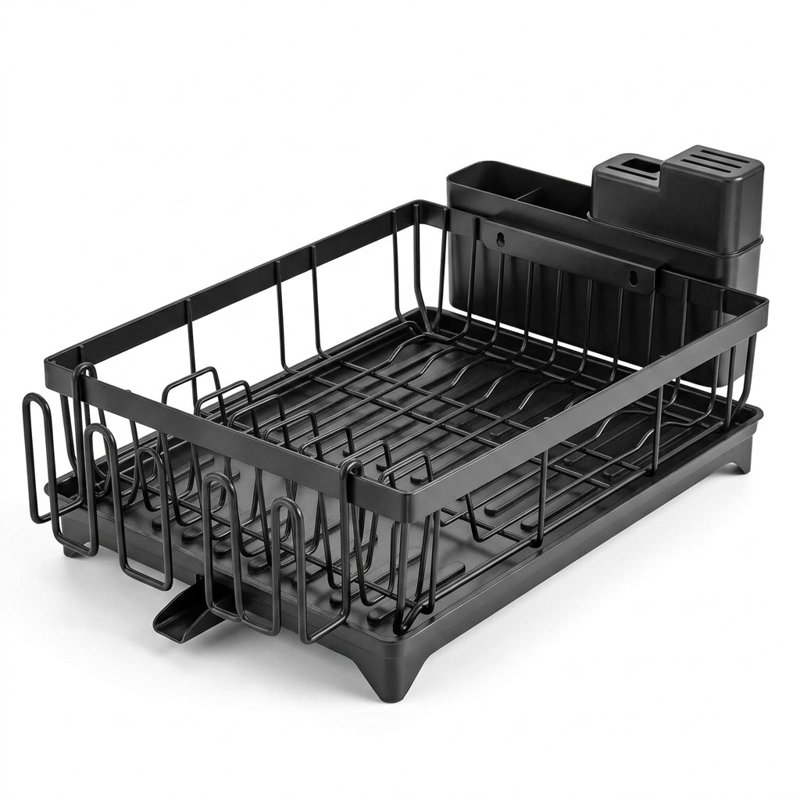 Space-Saving Dish Drainer Rack - Integrated Utensil Holder & Auto-Drain