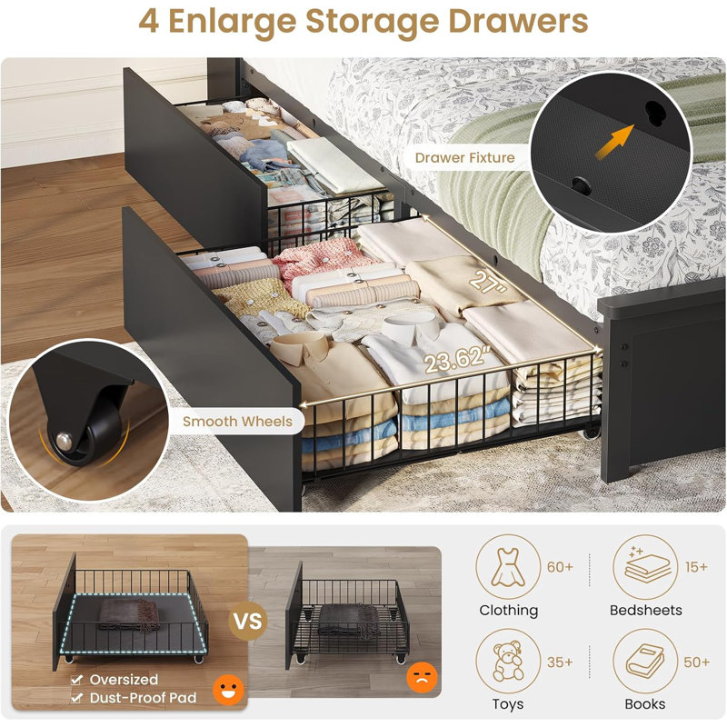 Queen-size Bed Frame With Charging Station And Led Lights, Platform Bed, Leather-upholstered Headboard With Storage Space, Metal Slat Support, Springless Mattress, Quiet Operation, Black