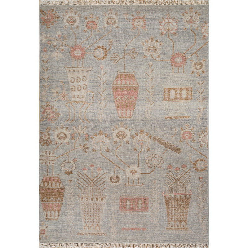 Tapis unique nouvel âge 4 pi 11 po x 6 pi 11 po Khotan Vase en gris / argent / pastèque