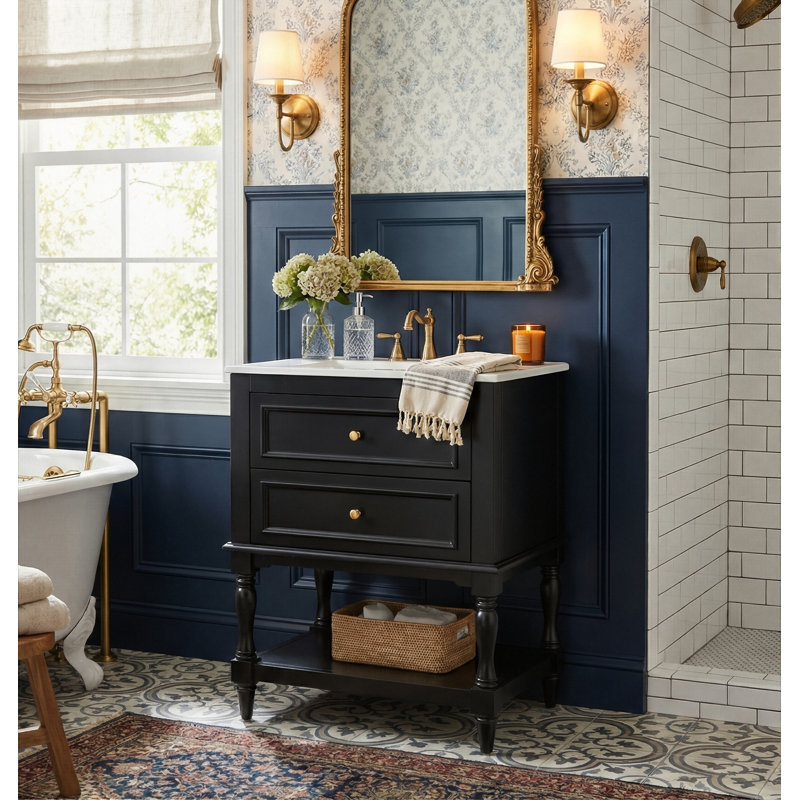 Armoire de luxe moderne rétro 24 po avec évier 24 po avec évier, tiroir profond et tablette inférieure, Noir/or