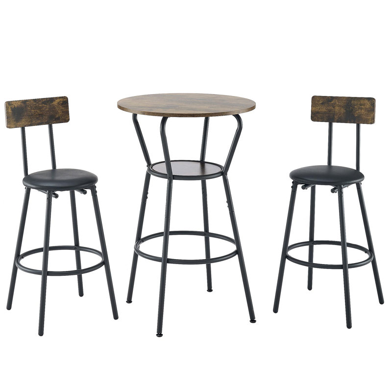 Round Bar Table And Stool Set With Shelf, Upholstered Stool With Backrest, Rustic Brown, 24.17"W X 24.17"D X 36.02"H