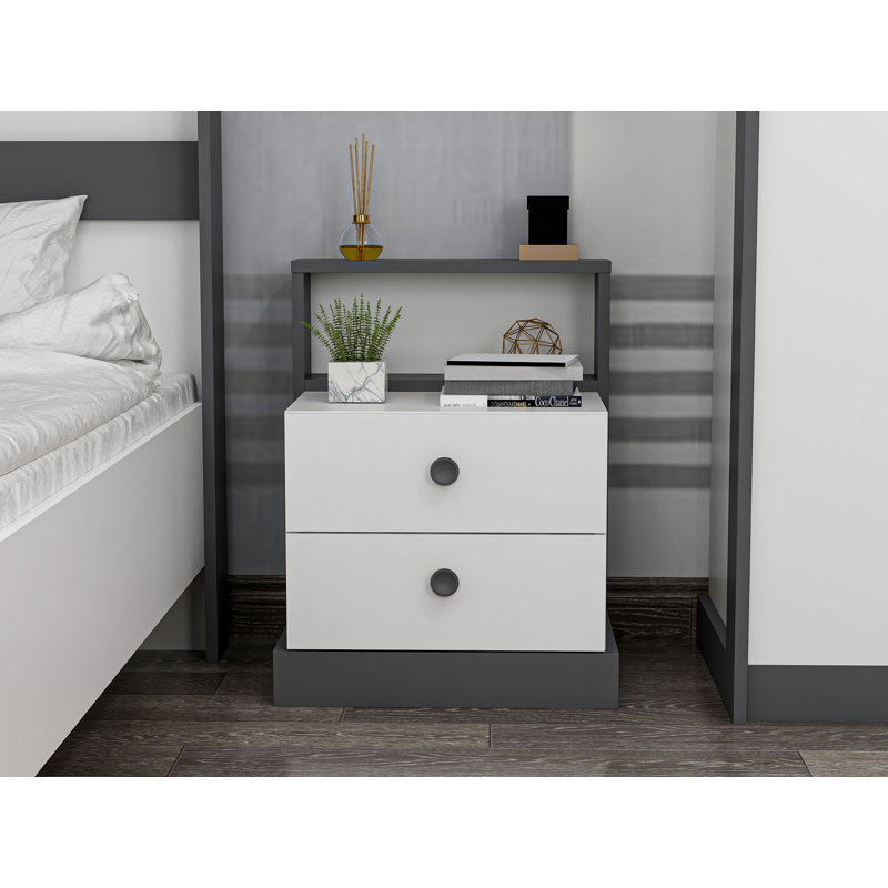 Modern Nightstand with Numerous Shelves, Anthracite & White | 100% Melamine Coated Particle Board, 24.4 x 24.4 x 16.5 inches | Wall-Mountable, PVC Edgebanding, Elegant Design for Stylish Bedrooms & Living Spaces
