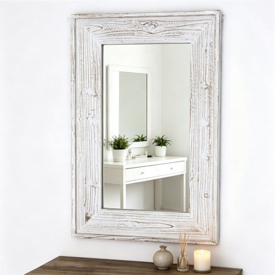 Rustic Wood Framed Rectangular Wall Mirror With Distressed Finish, Horizontal Or Vertical Hanging For Farmhouse, Bathroom, Entryway, And Bedroom Decor