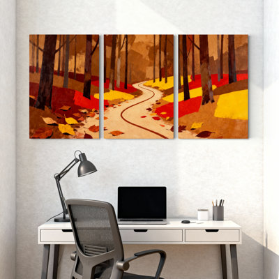 Ensemble de 3 impressions d'art sur toile, "Forêt d'automne avec feuilles tombantes"