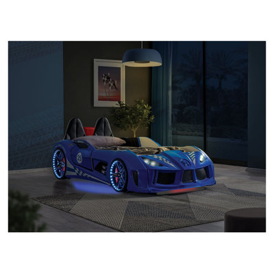 Twin Size Novelty Race Car Bed with LED Lights and Sound Effects, Blue Faux Leather and ABS Frame