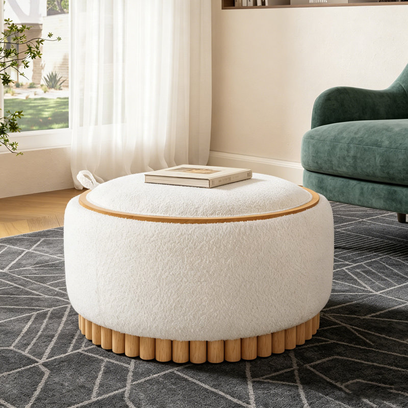 Repose-pieds de rangement rond de 29 po avec pieds en bois massif, table basse moderne avec couvercle réversible, structure en bois, repose-pieds en tissu Boucle pour le salon, aucun assemblage requis