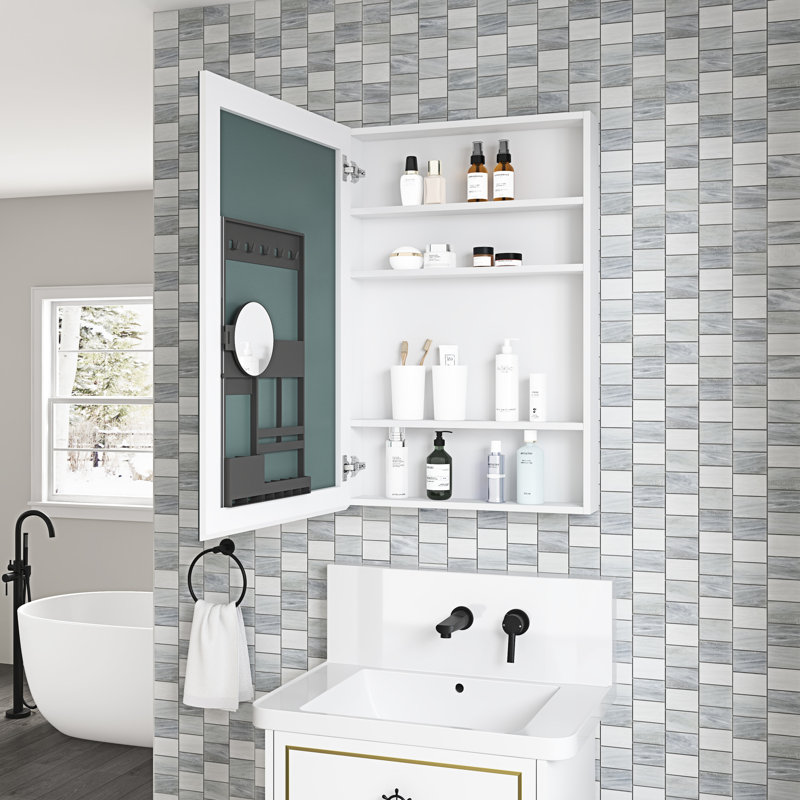 Armoire de salle de bain l 24 po x H 36 po - porte en bois. Fixé au mur. Encastré ou à fixation en surface. Miroir avec rangement. Ouverture à gauche. Apparence élégante. Hd Mirror. Porte blanche intégrée et bien agencée,