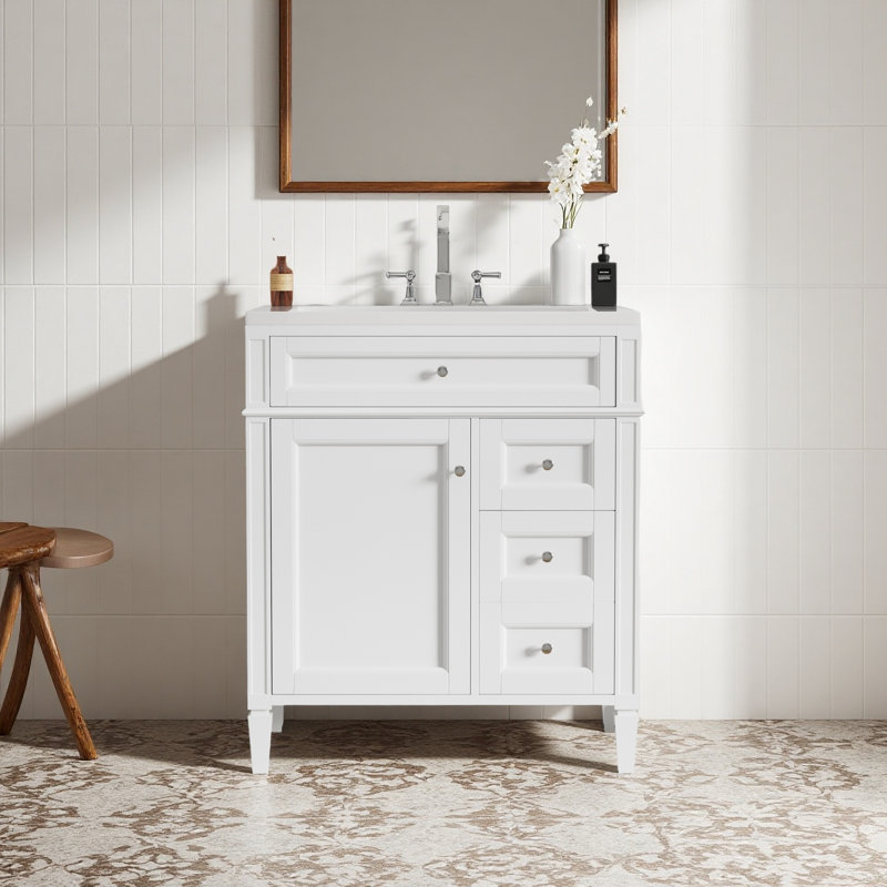 Meuble-lavabo de 30 po avec lavabo supérieur, meuble-lavabo moderne avec 2 tiroirs et tiroir escamotable, meuble-lavabo simple
