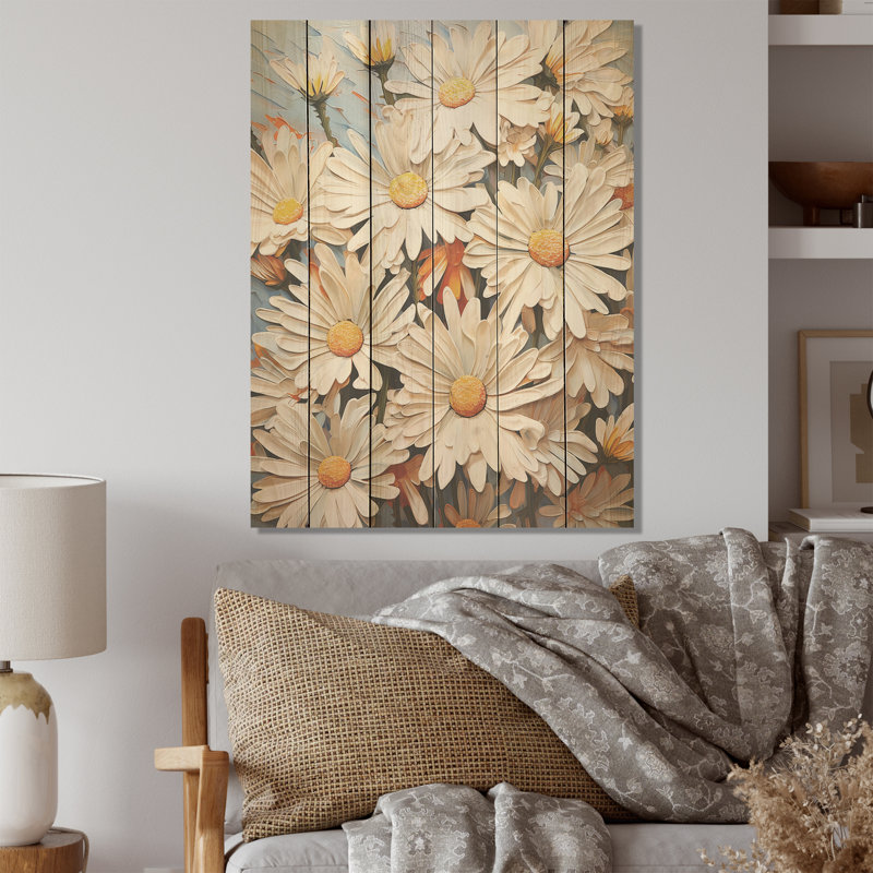 «White Daisy Meadow Elegance» - marguerite en bois, art mural sur bois de pin naturel, H 20 po x l 10 po