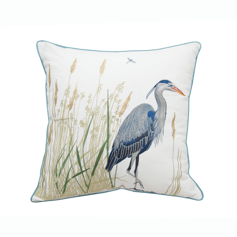 Blue Heron Embroidered Coastal Outdoor Square Pillow