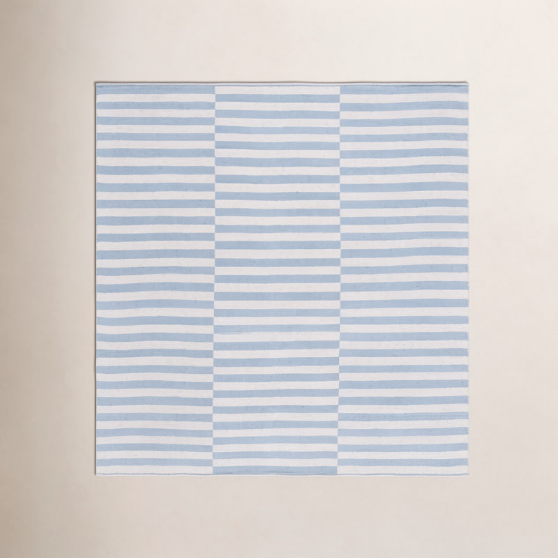 Ilona Striped Hand-Woven Flatweave Cotton Area Rug in Ivory/Light Blue, Square 6'