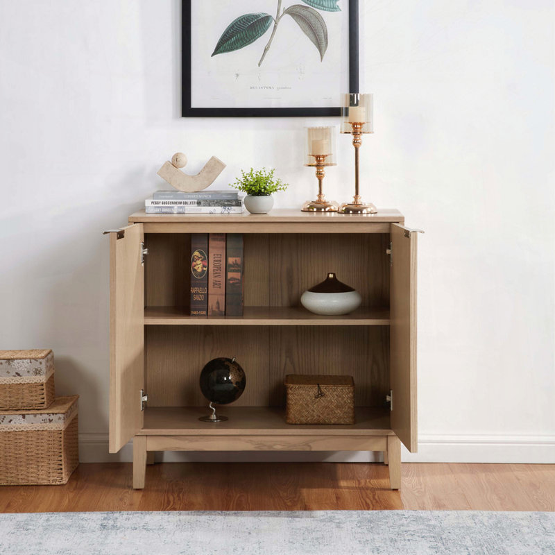 2-Door Storage Cabinet with Fluted Doors and Brass Handles Wood Finish