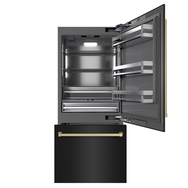 ZLINE Autograph Edition 36 in. 19.8 cu. ft. Built-In Bottom Freezer Refrigerator with Water Dispenser and Ice Maker in Black Stainless Steel with Graphite Gray Interior and Accents