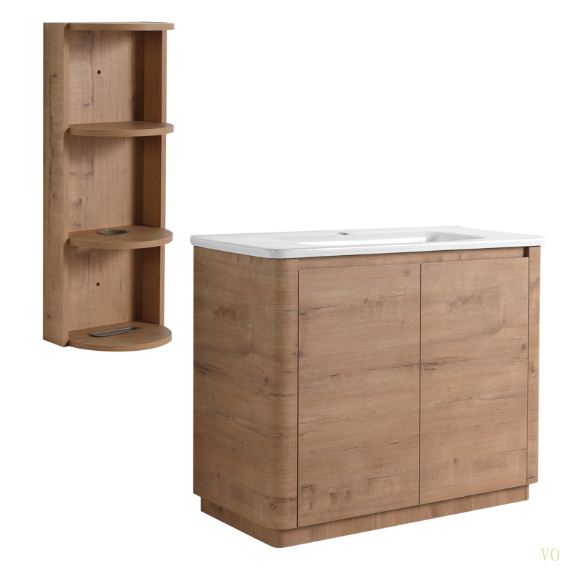 Meuble-lavabo autoportant de 40 po avec lavabo en céramique, 2 portes à fermeture douce et support de rangement, emballage KD, contreplaqué