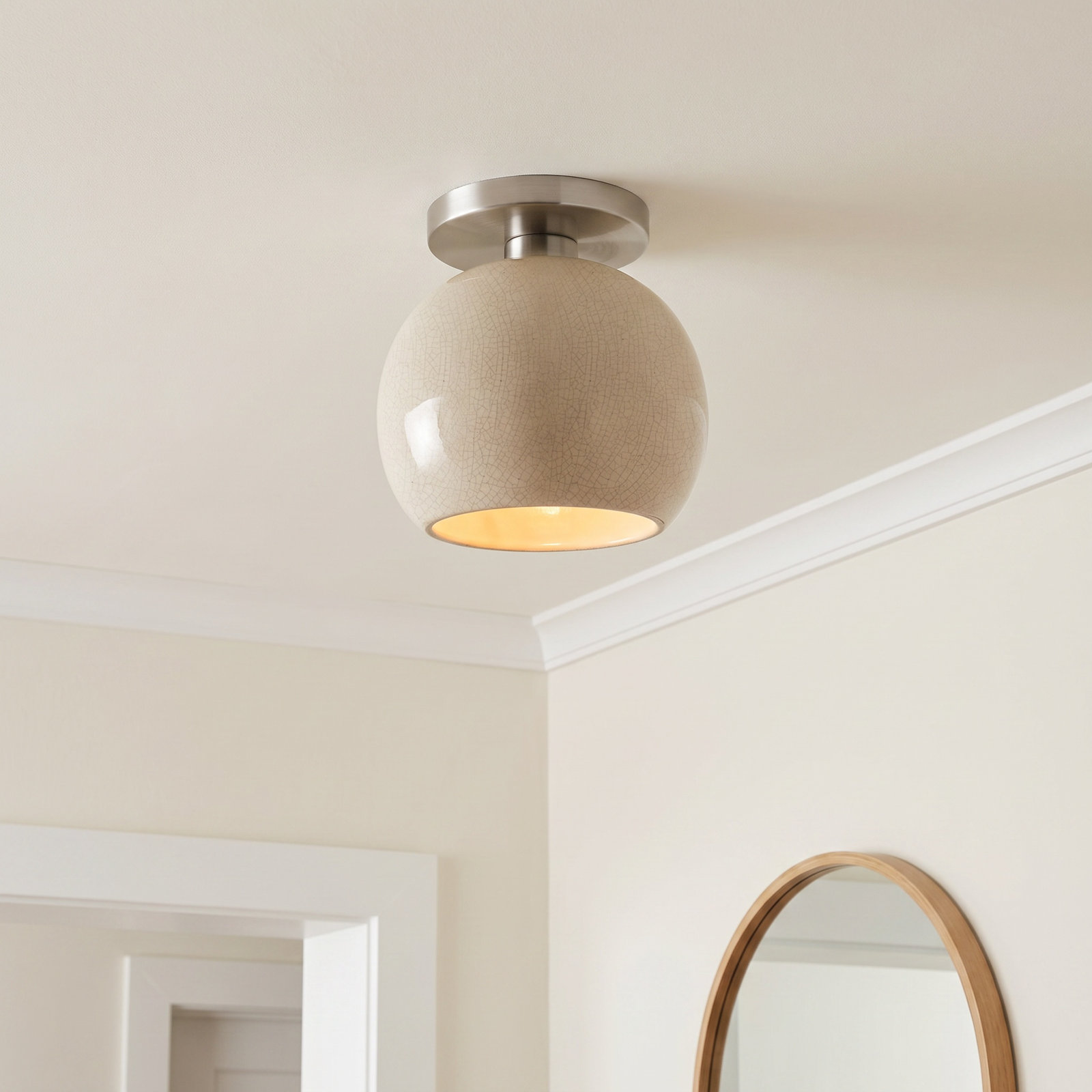 Single Light Ceramic LED Semi Flush Mount, 9" H x 10" W x 10" D, White Crackle, Brushed Nickel