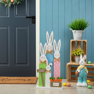2-Piece 29.75" H Wood and Iron Bunny Family Standing Sign