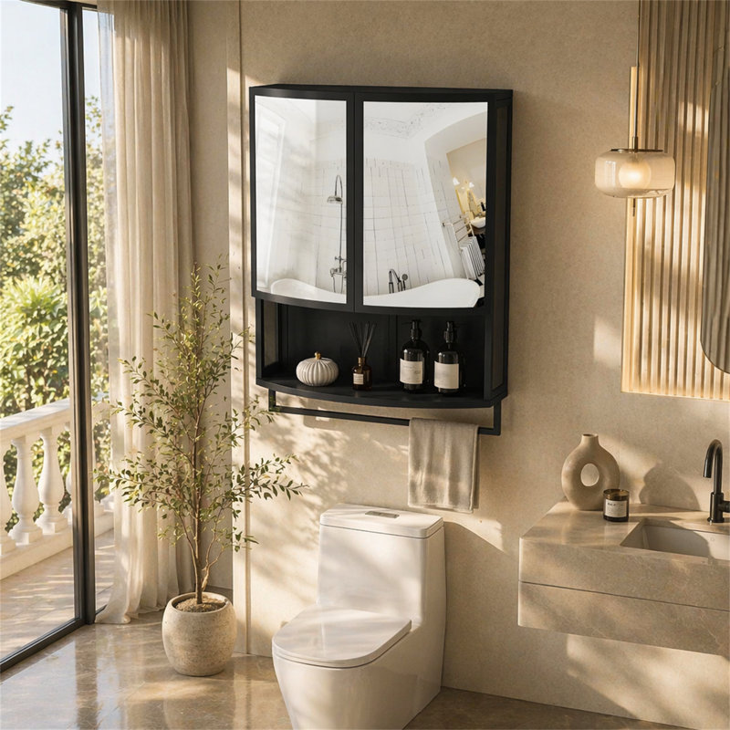 Garde-robe moderne en verre arqué 23,62 "à double porte avec miroir incassable sans verre - double couche, Black