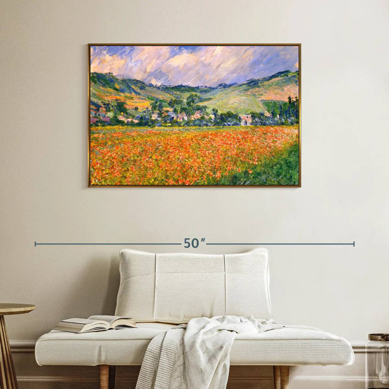 Champ de coquelicots dans un creux près de Giverny, Cadre flottant doré, 40 po x 27 po
