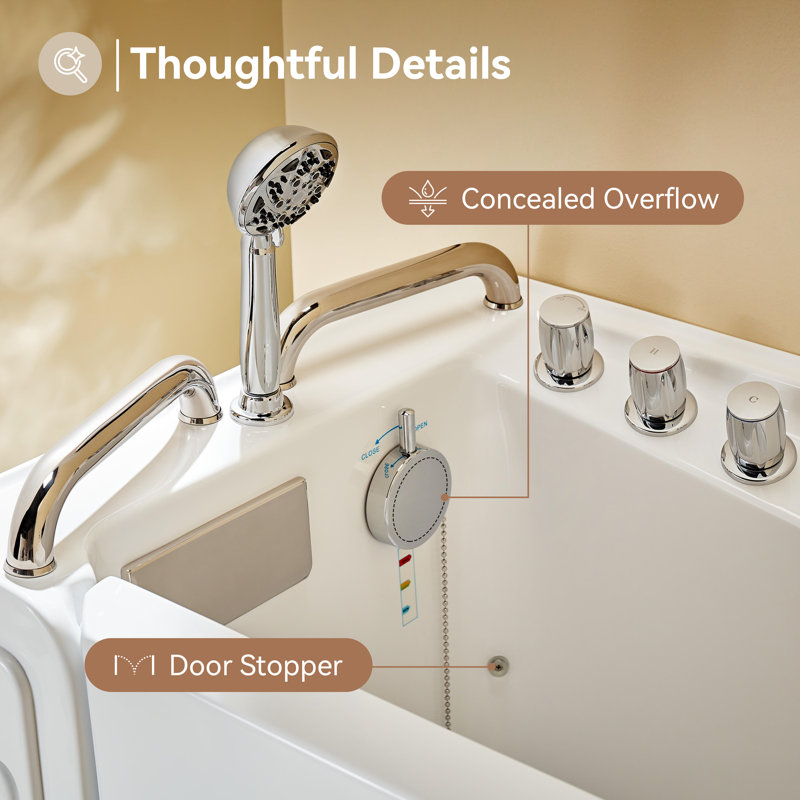 52.5" x 26.5" Left Drain Quick Fill Walk-In Whirlpool Jetted Bathtub in White/Chrome