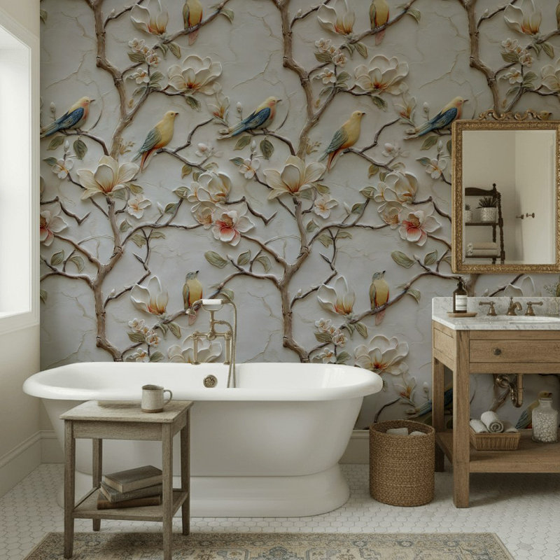Papier peint floral, oiseaux, décoration murale rétro