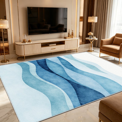 Tapis 1PC bleu blanc vagues, élégant tapis décoratif polyvalent, facile à nettoyer et à entretenir, pièce de mobilier idéale pour la chambre à coucher, le salon, le couloir, l'entrée, le dortoir et le bureau pour rafraîchir l'ambiance intérieur