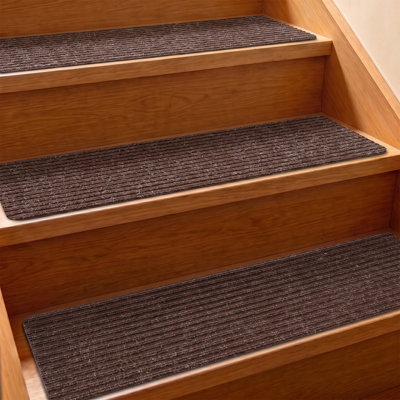 Tapis d'escalier antidérapant pour marches en bois, ensemble de 15, 20 x 76 cm, lavables à la machine, avec envers antidérapant réutilisable, rayures brunes