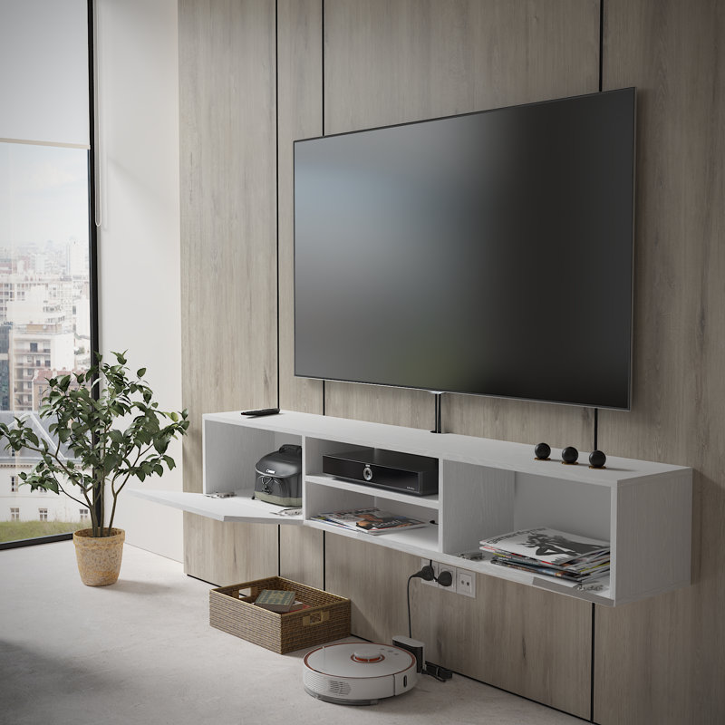 Meuble télé flottant de 71 po pour téléviseur de 80 po ou moins Desmone, blanc, Blanc, H 11,8 po x l 70,8 po x P 11,8 po