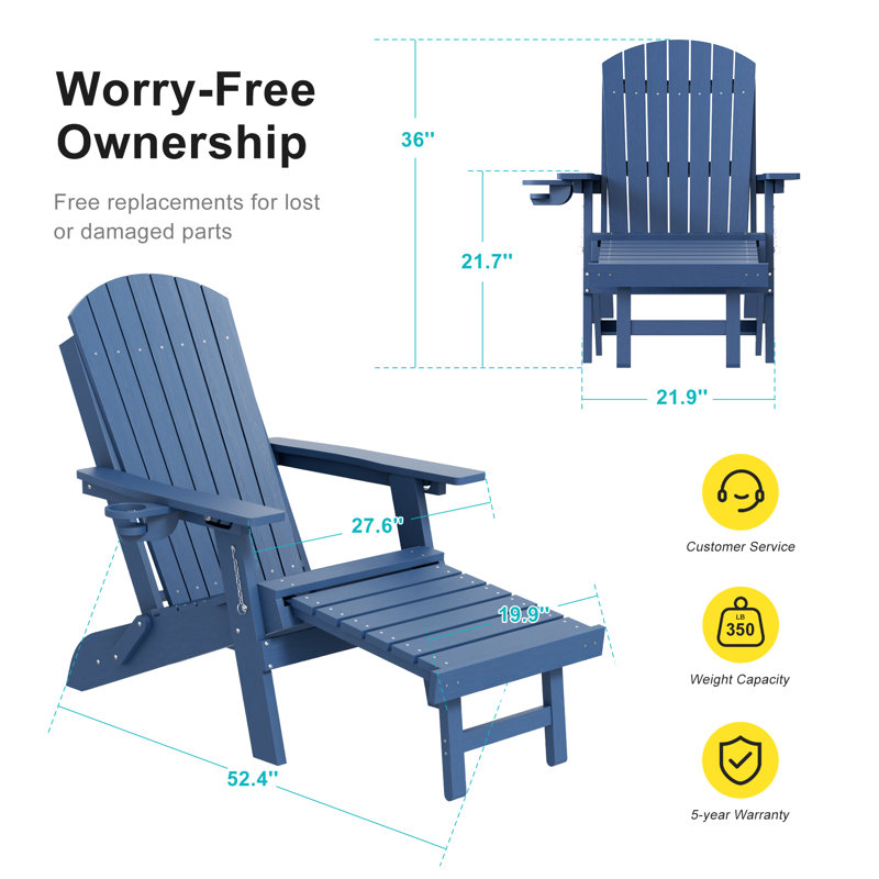 Folding Adirondack Chair with Retractable Ottoman & Cup Holder, 3-Position Adjustable for Patio, All-Weather Outdoor Seating