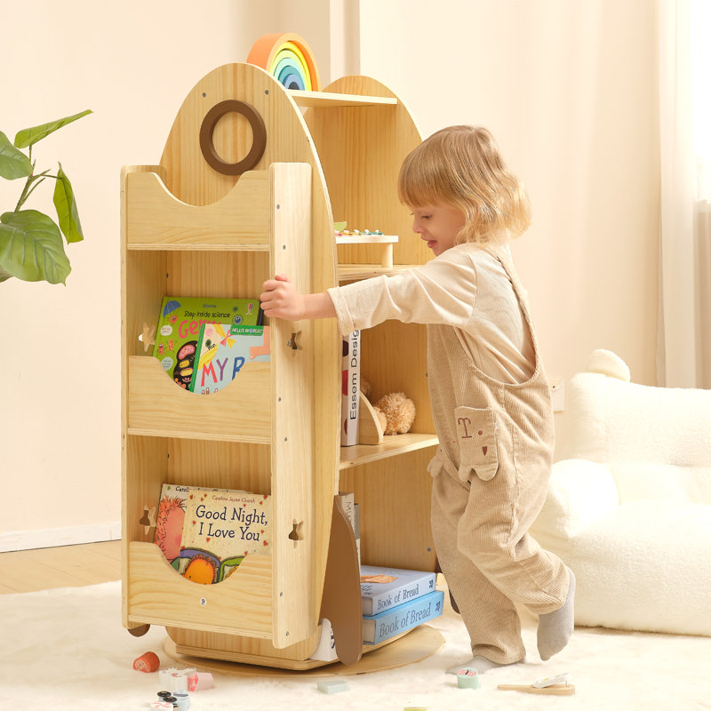 Wood Rocket Rotating Bookshelf For Kids, 360 Display Spinning Bookshelf Tower With Large Capacity Design, Montessori Toy Shelf For Kids Rooms, Classroom, Play Room