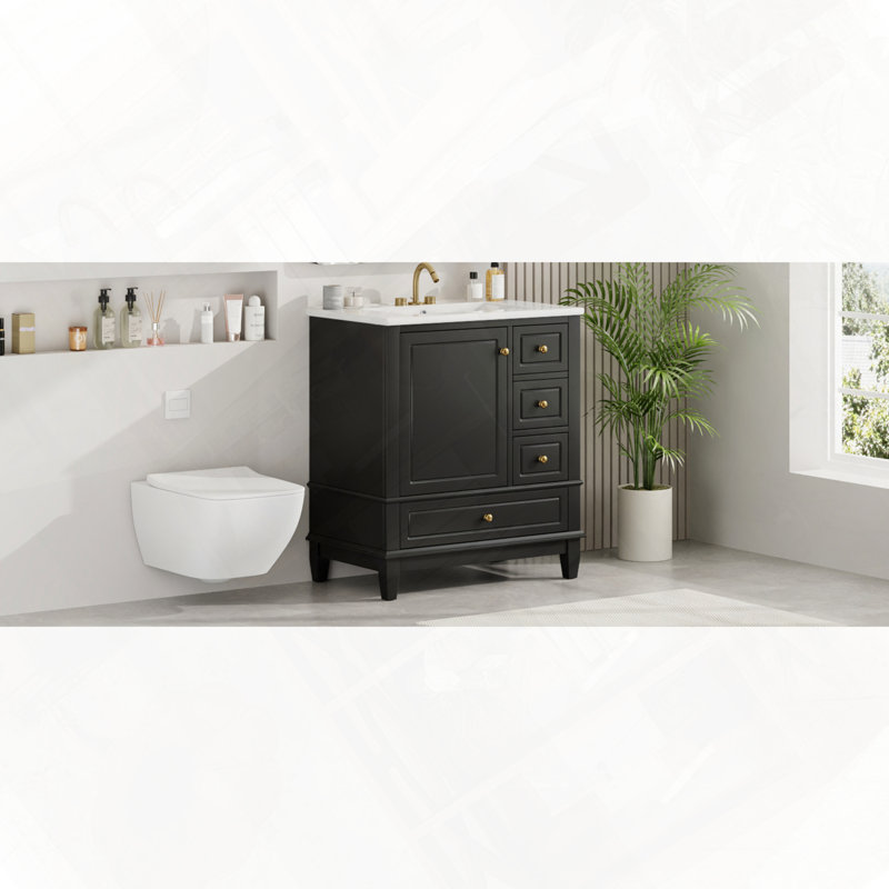 Meuble-lavabo de salle de bain avec lavabo, une porte et trois tiroirs, Noir