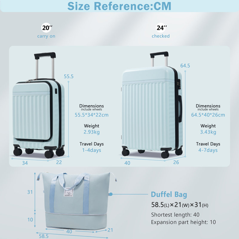 Ensemble de bagage à ouverture frontale 3 pièces, valise de transport rigide avec port USB, bagage extensible avec poignée et roulettes à verrou TSA