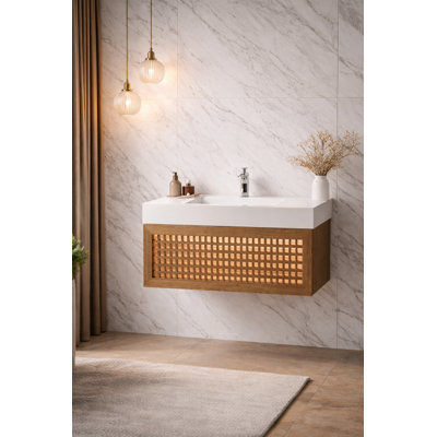 Modern Solid Wood Floating Bathroom Vanity With Integrated White Resin Basin – 31" Wall Mounted, 1 Drawer